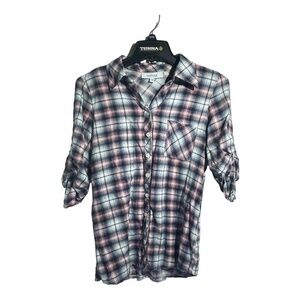 My Style Womens Plaid 3/4 Sleeve Button Down Shirt Pink Blue Size M